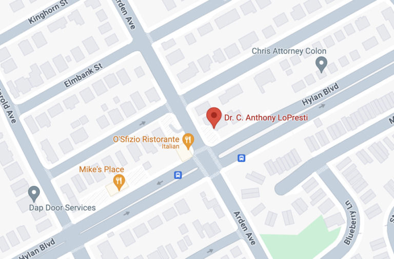 Map highlighting the location of Dr. C. Anthony LoPresti's dental office on Hylan Blvd, near the intersection with Arden Ave in Staten Island, NY, with nearby landmarks including O'Sfizio Ristorante and Mike's Place.